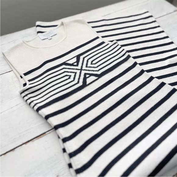 Rare La Ligne Emmanuelle Black Cream Striped SMALL Midi Day Dress Geometric $295 - Picture 7 of 15